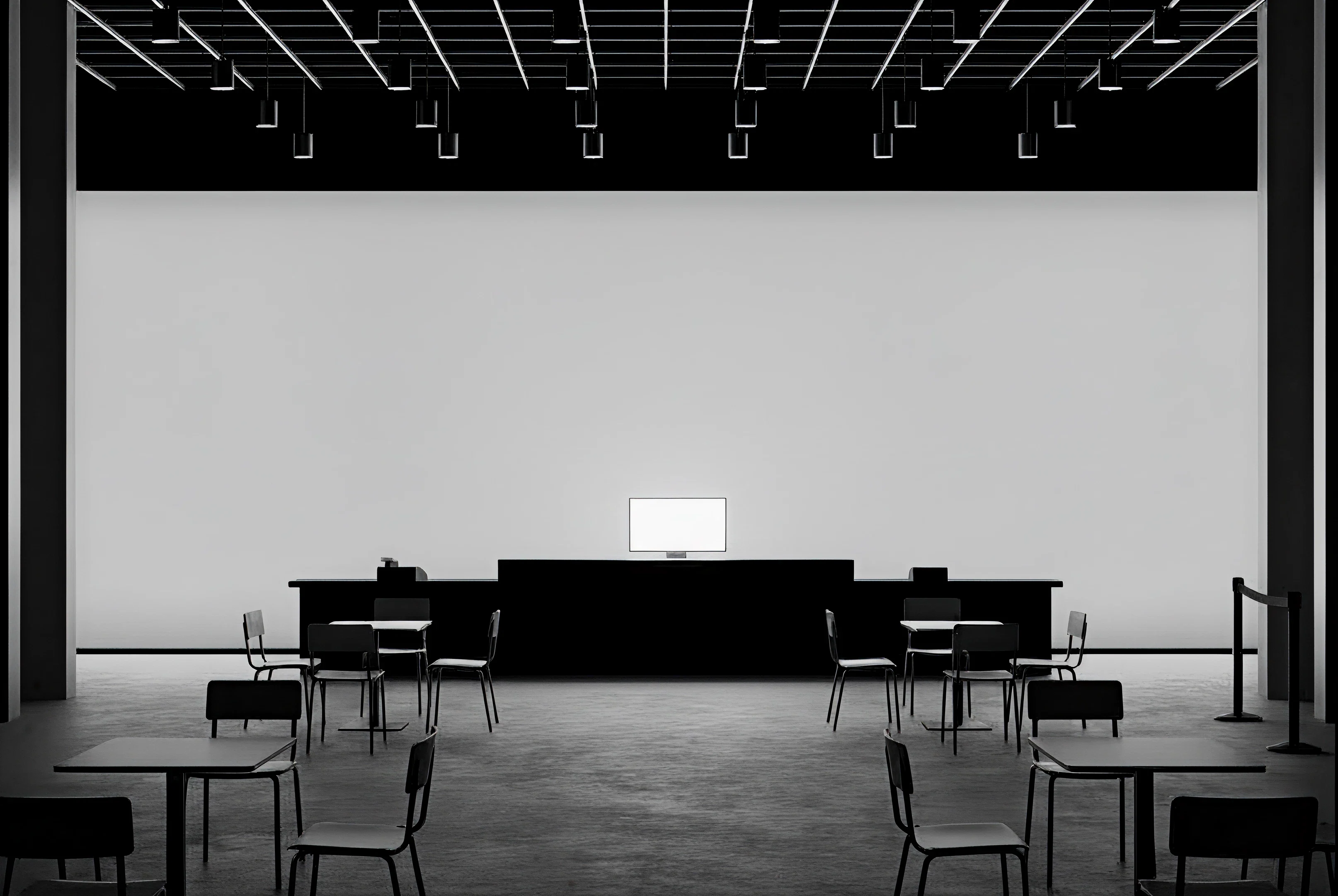 Unmanned store space: an ordering screen on the counter and seating
